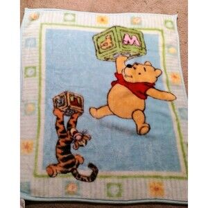 Vintage Disney Winnie the Pooh Tigger Blocks Blue Plush Baby Blanket Pastel 36”